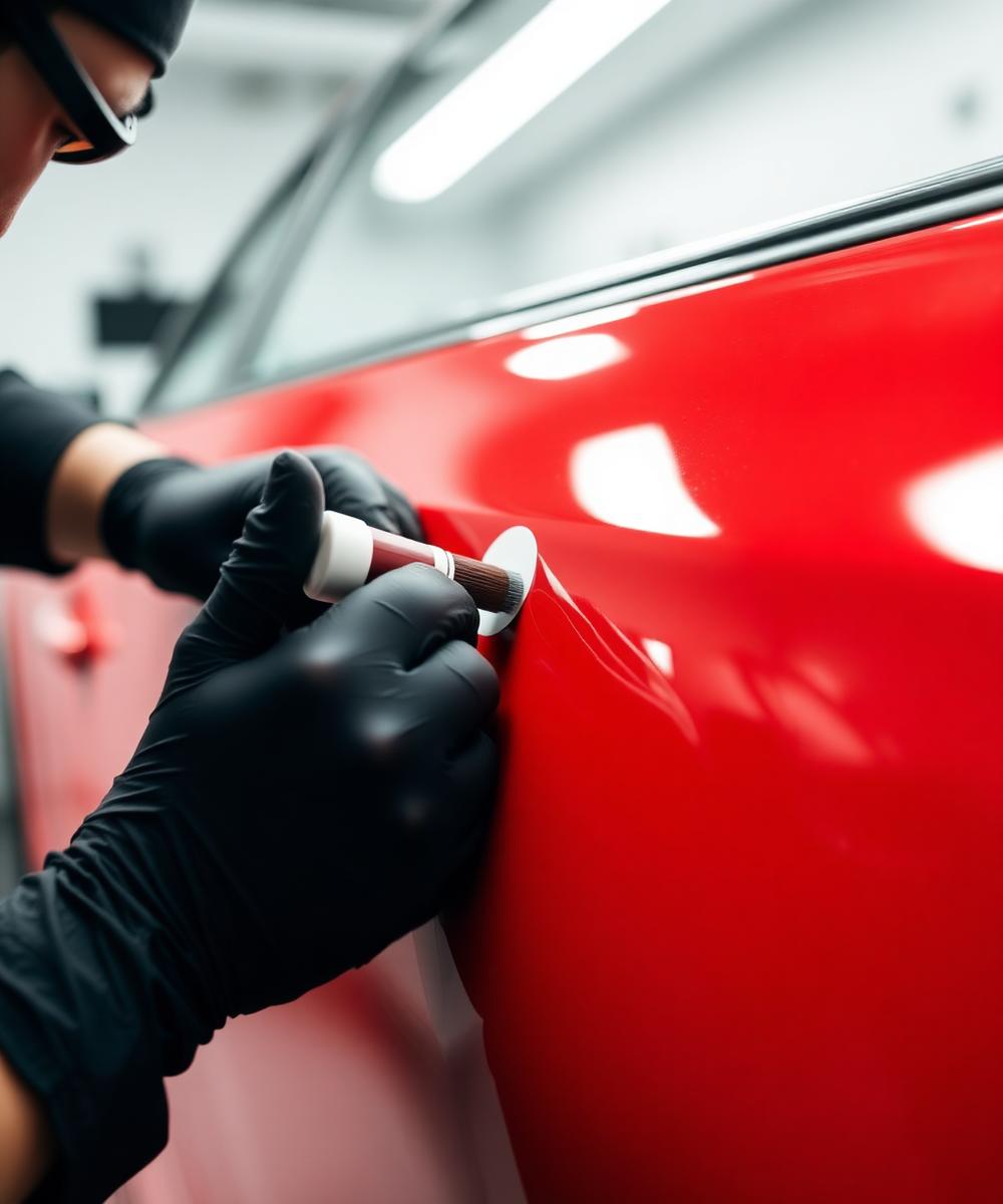 Technician applying ceramic coating to a red car door