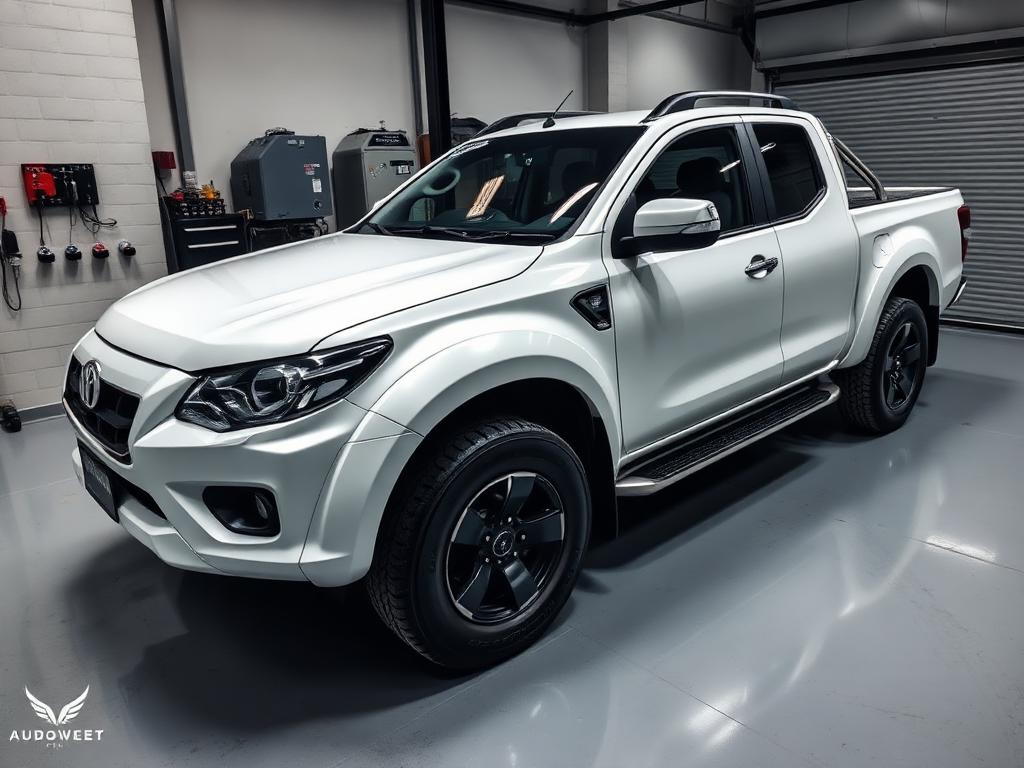 White ute with paint protection film applied in the workshop